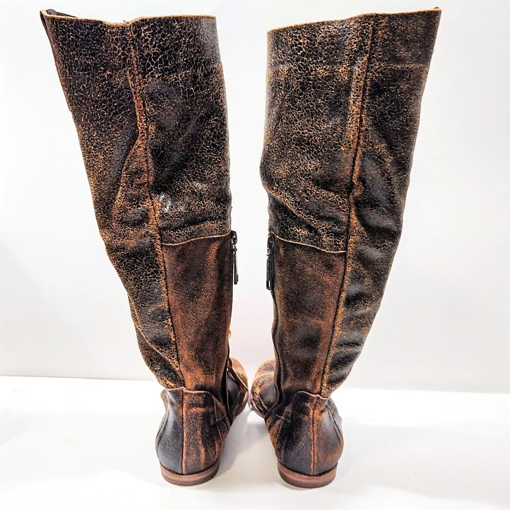 Sibyl Vane Knee High Riding Boots Distressed Leather Women 37 Equestrian Gaucho